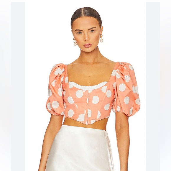 For Love And Lemons Yasmin Crop Top Orange  White Polka Dot Open Back Sz XS NWT - Picture 1 of 7